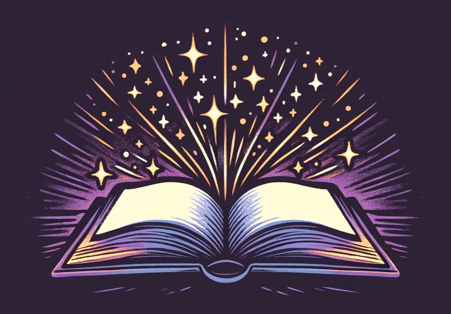 Open book with magical golden sparkles and pink light radiating from it