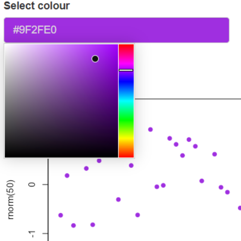 Part of a simple shiny app showing the user selecting a purple color and part of a plot with purple dots
