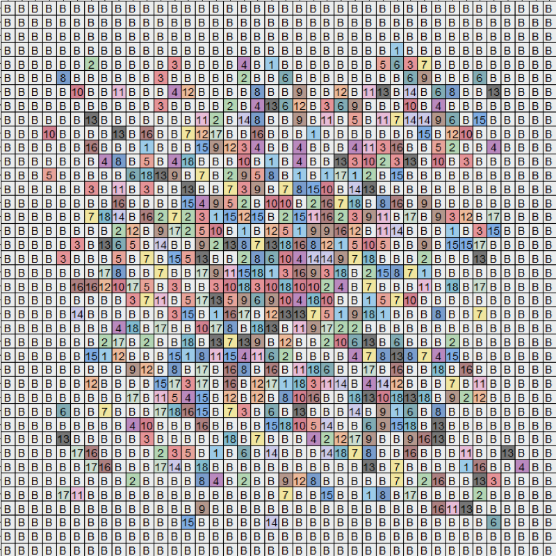a plot of a 40 by 40 grid with some squares filled with colors and some not. The unfilled squares have a B in them and the filled squares have numbers in them, one number for each unique color.